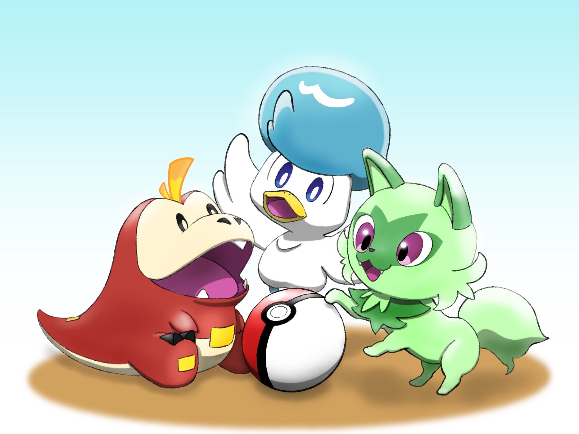 HD PC wallpaper of Sprigatito, Quaxly, and Fuecoco from the video game Pokémon: Scarlet and Violet playing with a Poké Ball on a soft pale blue background.