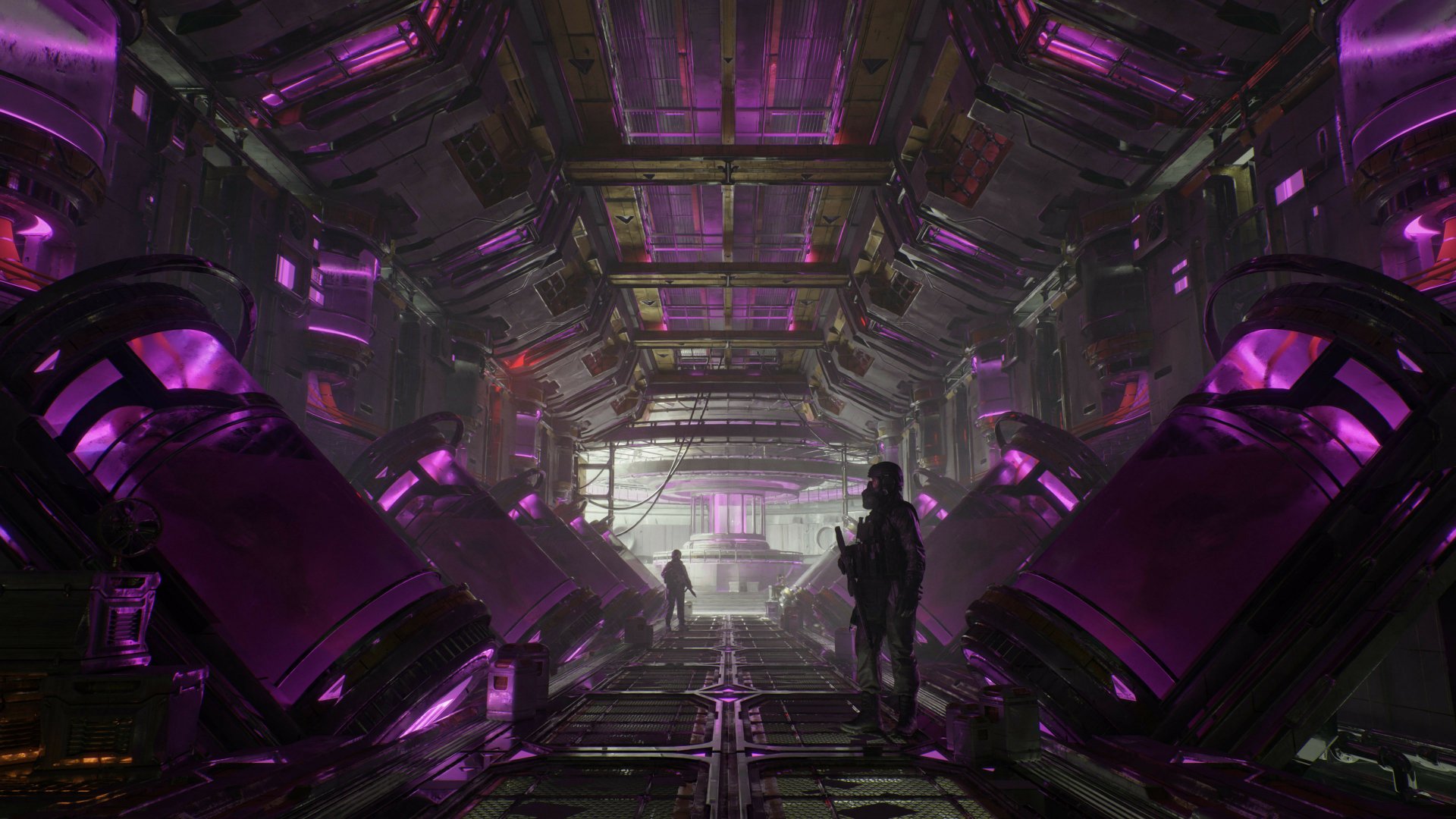 Sci-fi futuristic corridor bathed in neon purple light with a lone silhouetted figure, 4K Ultra HD PC desktop wallpaper and background.