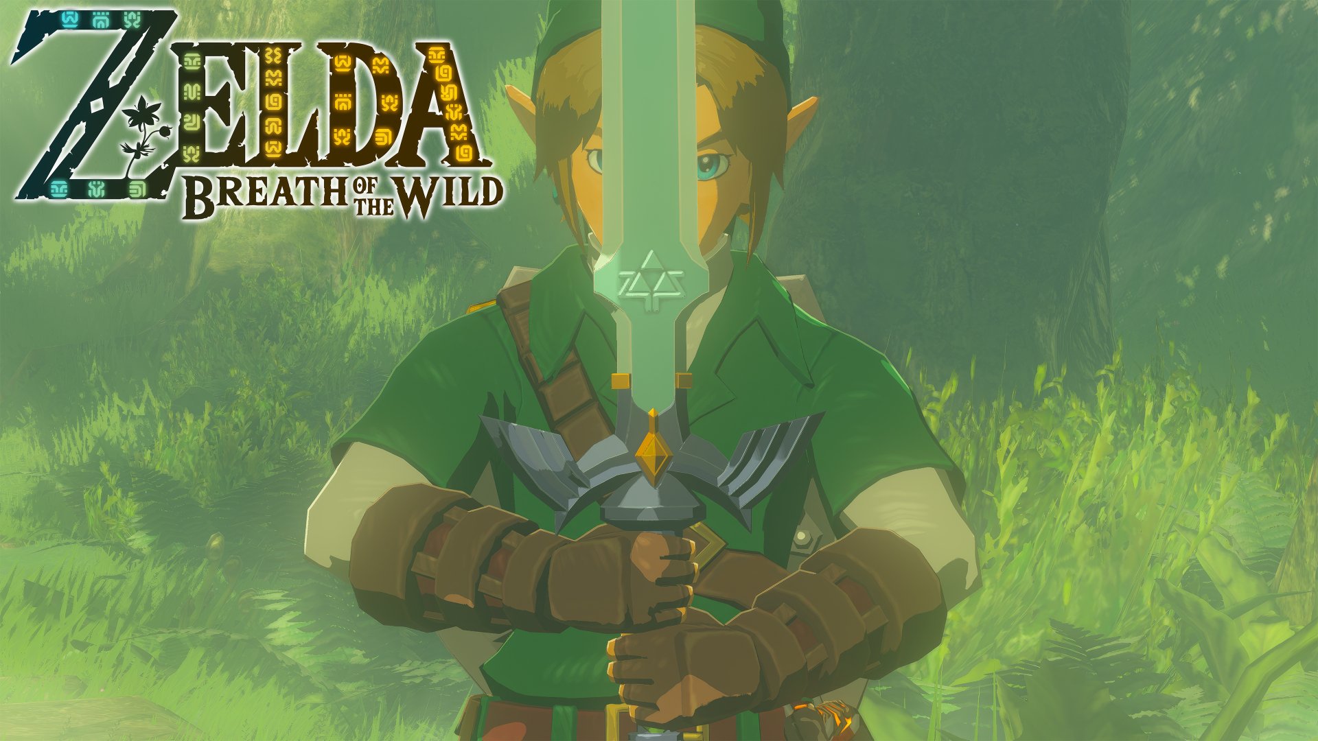 Link holds the Master Sword in a lush green forest, featured in a 4K Ultra HD PC desktop wallpaper from The Legend of Zelda: Breath of the Wild.