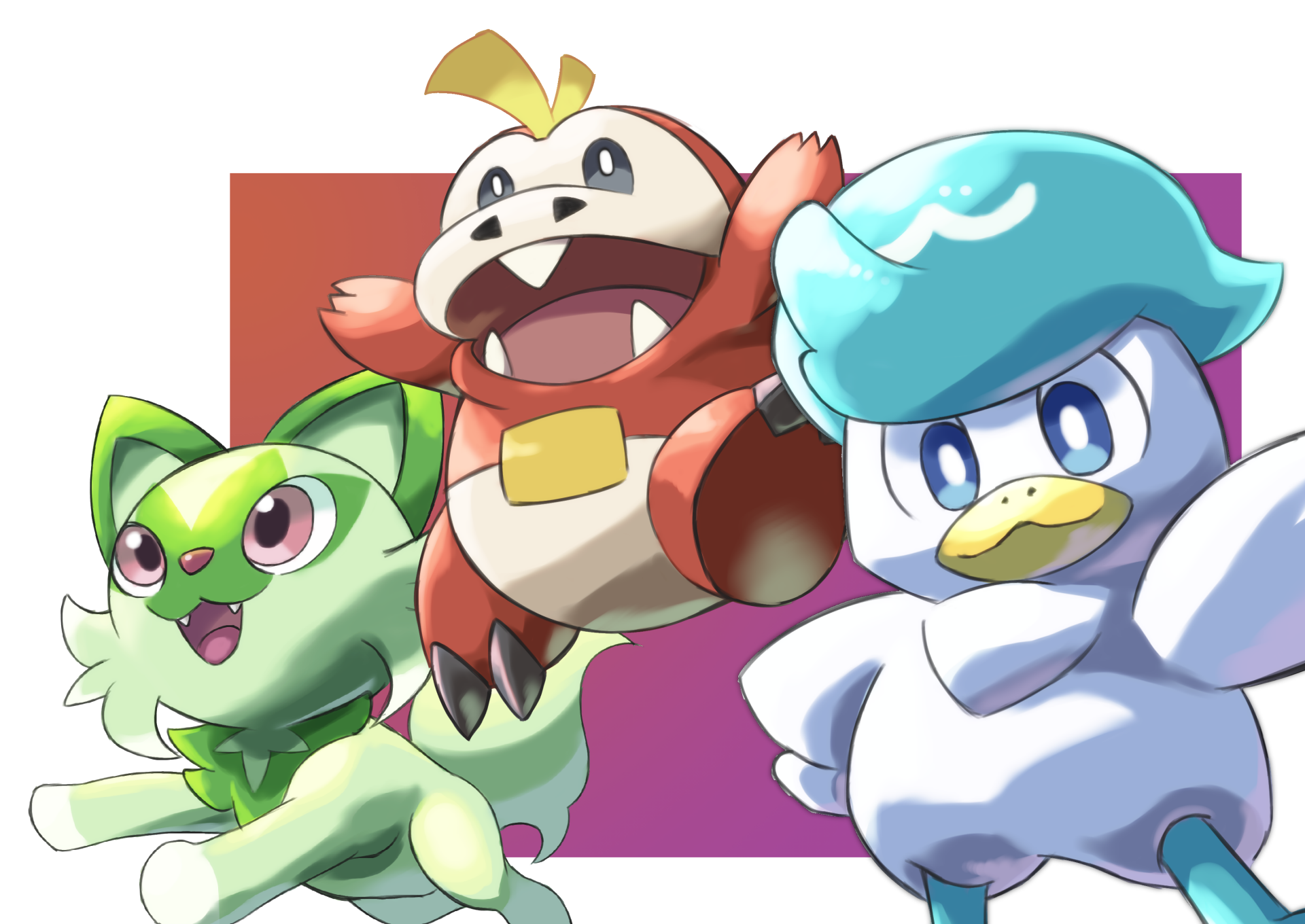 HD PC wallpaper featuring Sprigatito, Quaxly, and Fuecoco from the video game Pokémon: Scarlet and Violet.