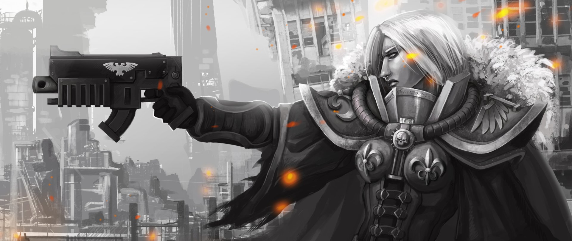 HD PC desktop wallpaper/background: Warhammer 40,000 Battle Sister from Warhammer 40k video game — armored warrior firing a bolter in a ruined city, glowing orange embers.