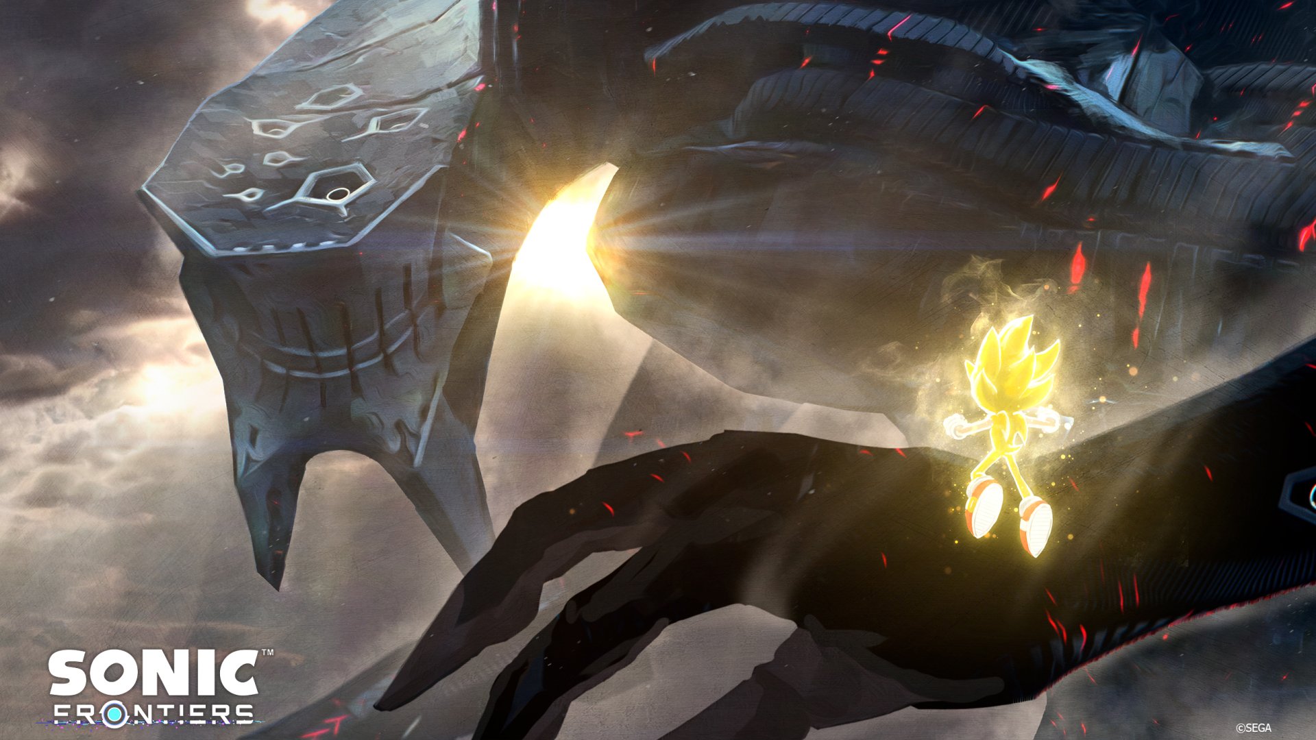HD desktop wallpaper of Sonic Frontiers featuring Sonic in his Super form battling a giant robot enemy, emphasizing intense action and dramatic visuals.