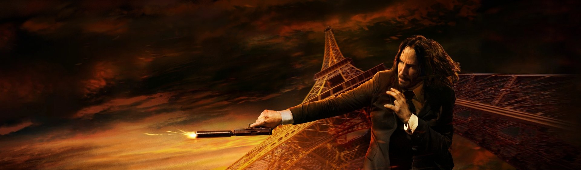 HD desktop wallpaper from the movie John Wick: Chapter 4, featuring John Wick aiming a gun with the Eiffel Tower in the background against a dramatic sky.