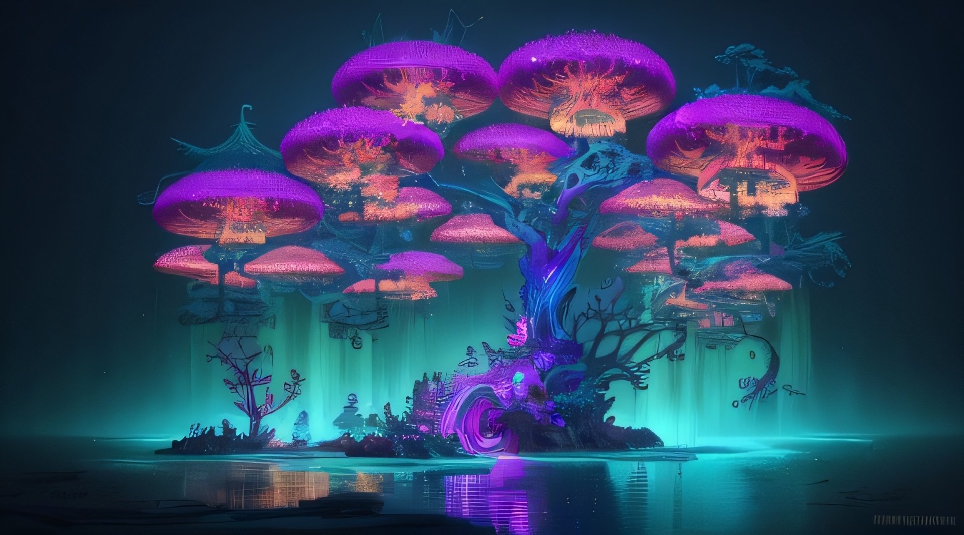 HD PC desktop wallpaper featuring an AI art scene of glowing, futuristic jellyfish-like structures floating above a mystical, luminescent landscape at night.
