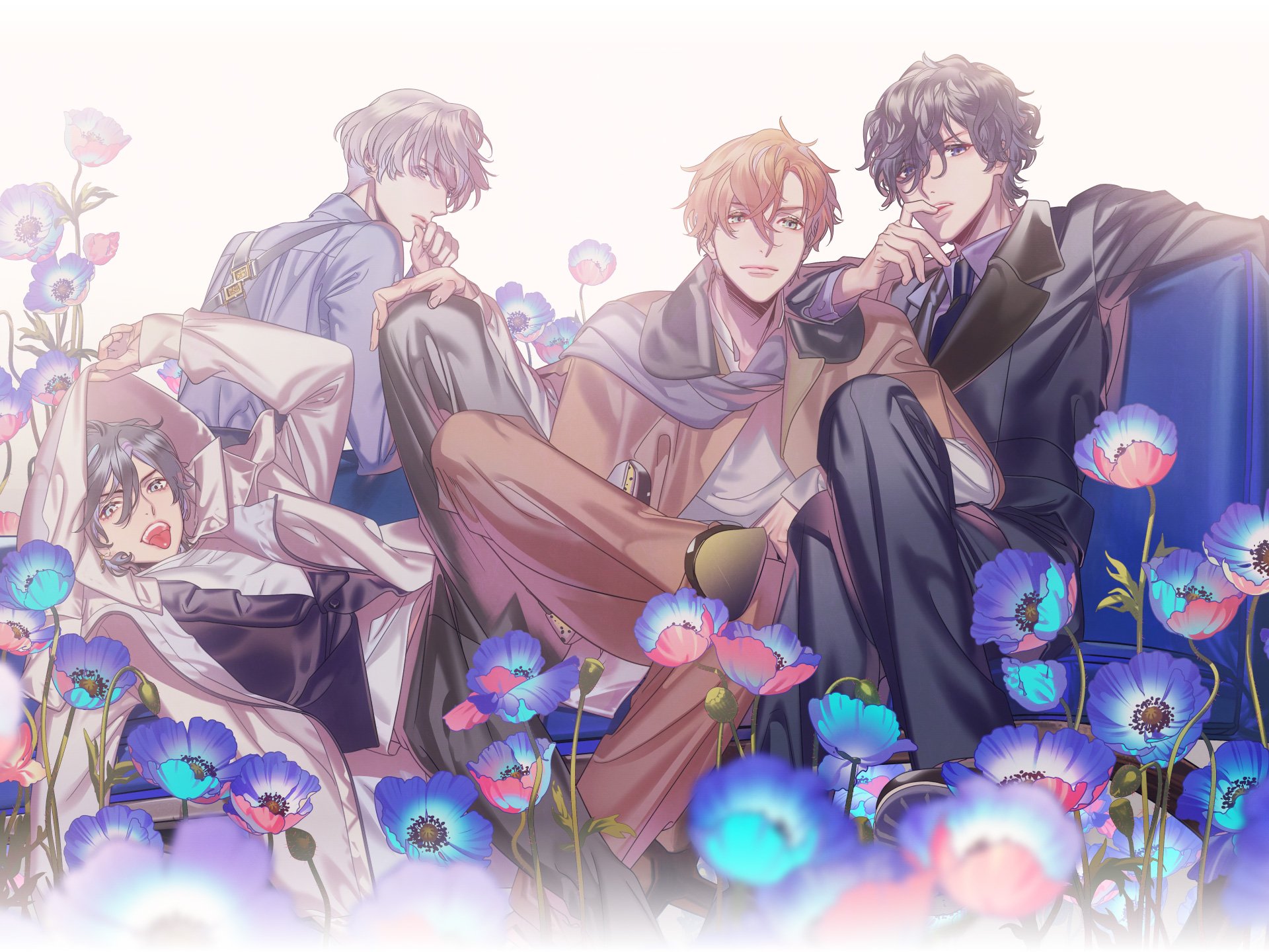 HD anime desktop wallpaper featuring four anime boys surrounded by vibrant blue and purple flowers, blending soft pastel colors with detailed character designs.