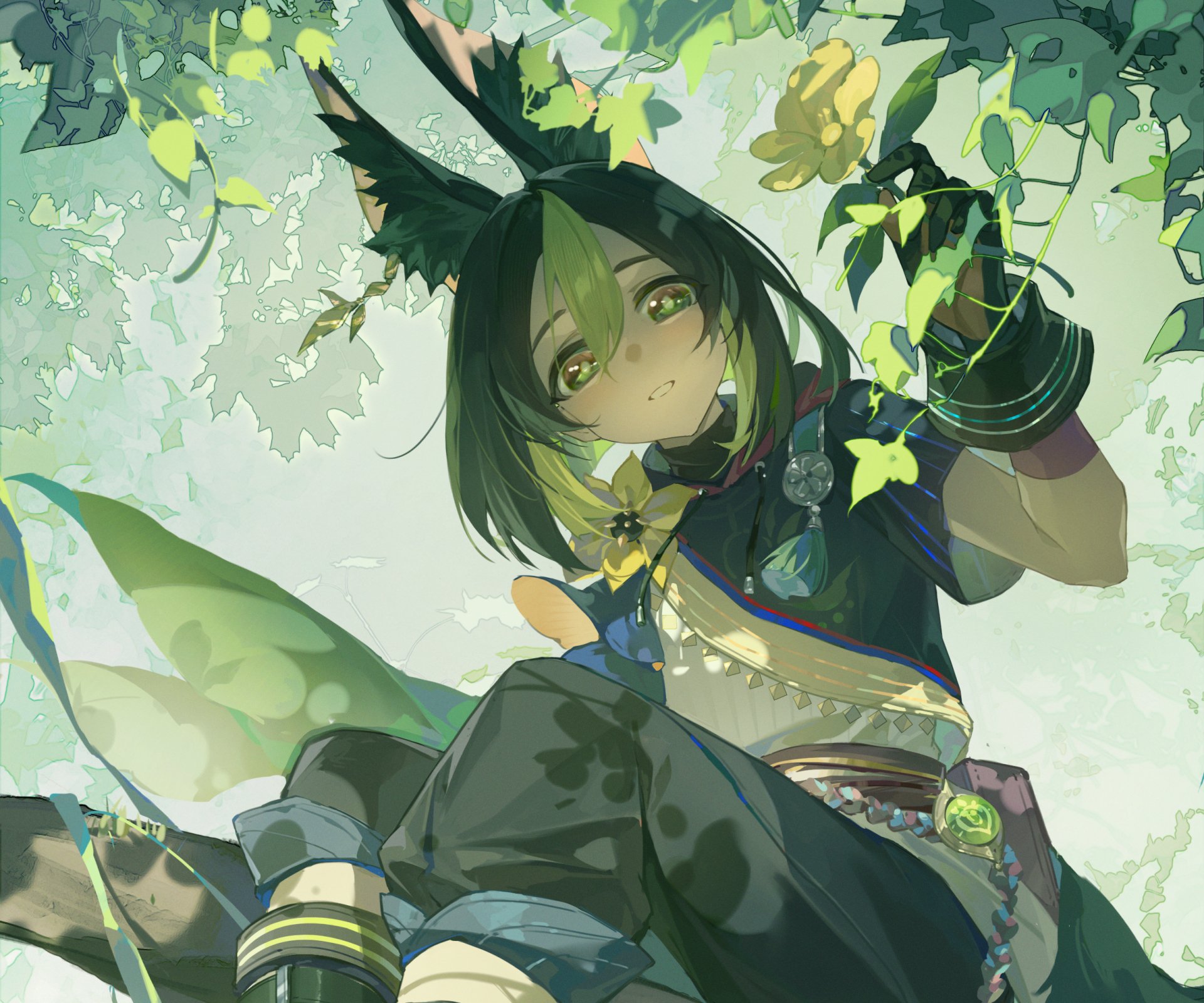 HD PC desktop wallpaper of Tighnari from the video game Genshin Impact: fox-eared forest ranger with green eyes and leafy garb reclining among sunlit branches and vines.