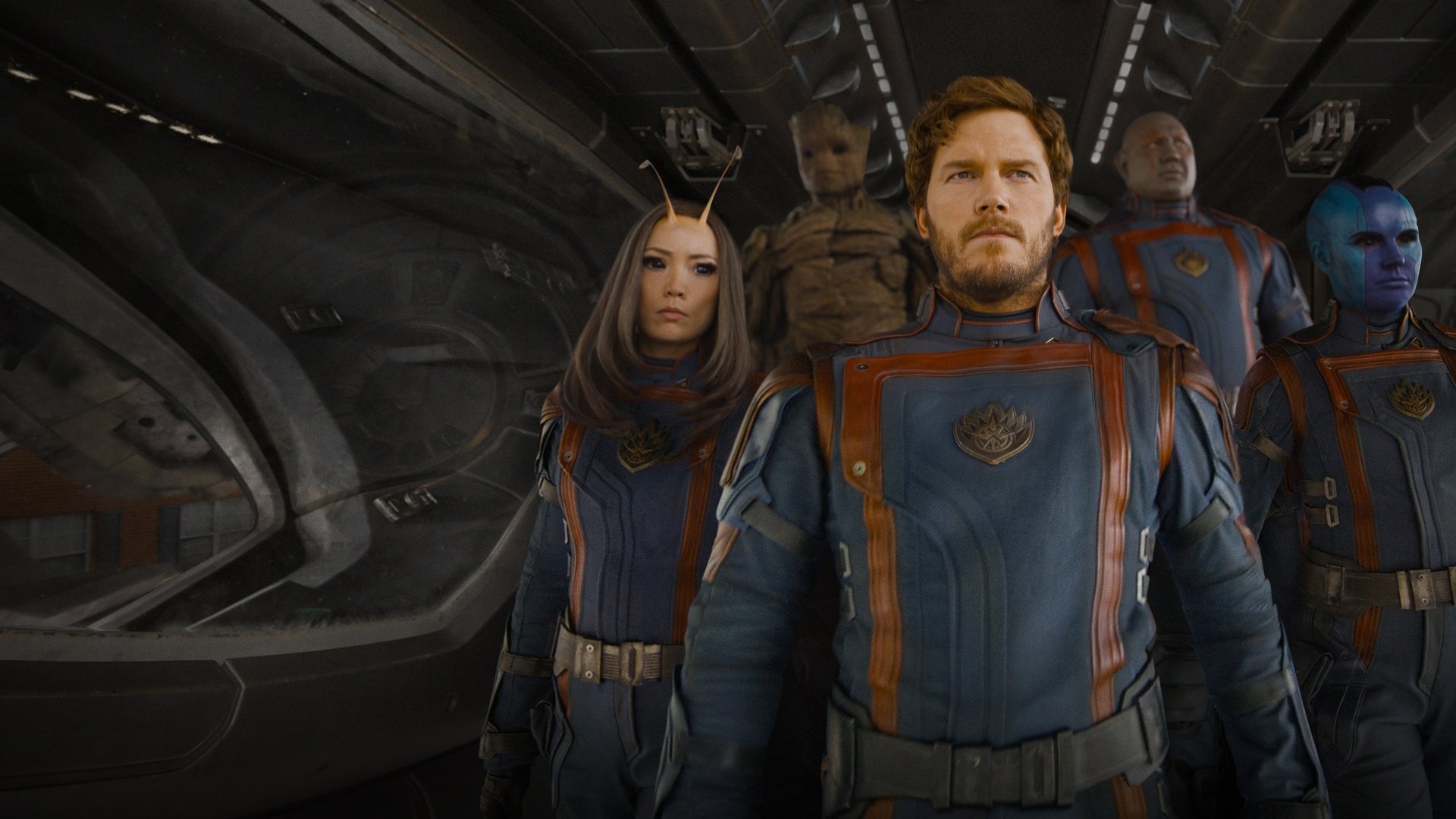 4K Ultra HD wallpaper featuring Guardians of the Galaxy Vol. 3 characters in detailed space suits inside a spaceship, designed for PC desktop backgrounds.