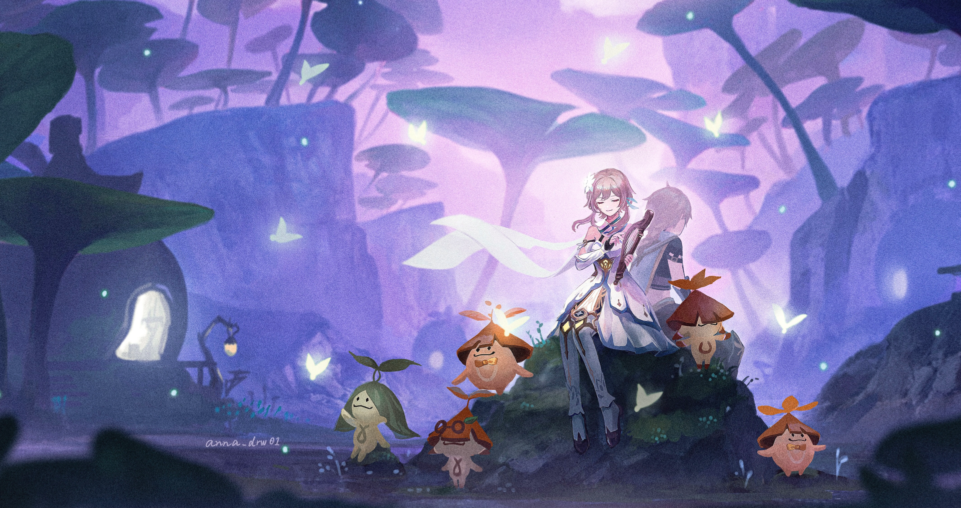 4K Ultra HD Genshin Impact wallpaper featuring Aether, Lumine, and Aranara spirits in a glowing, mystical forest setting from the video game.