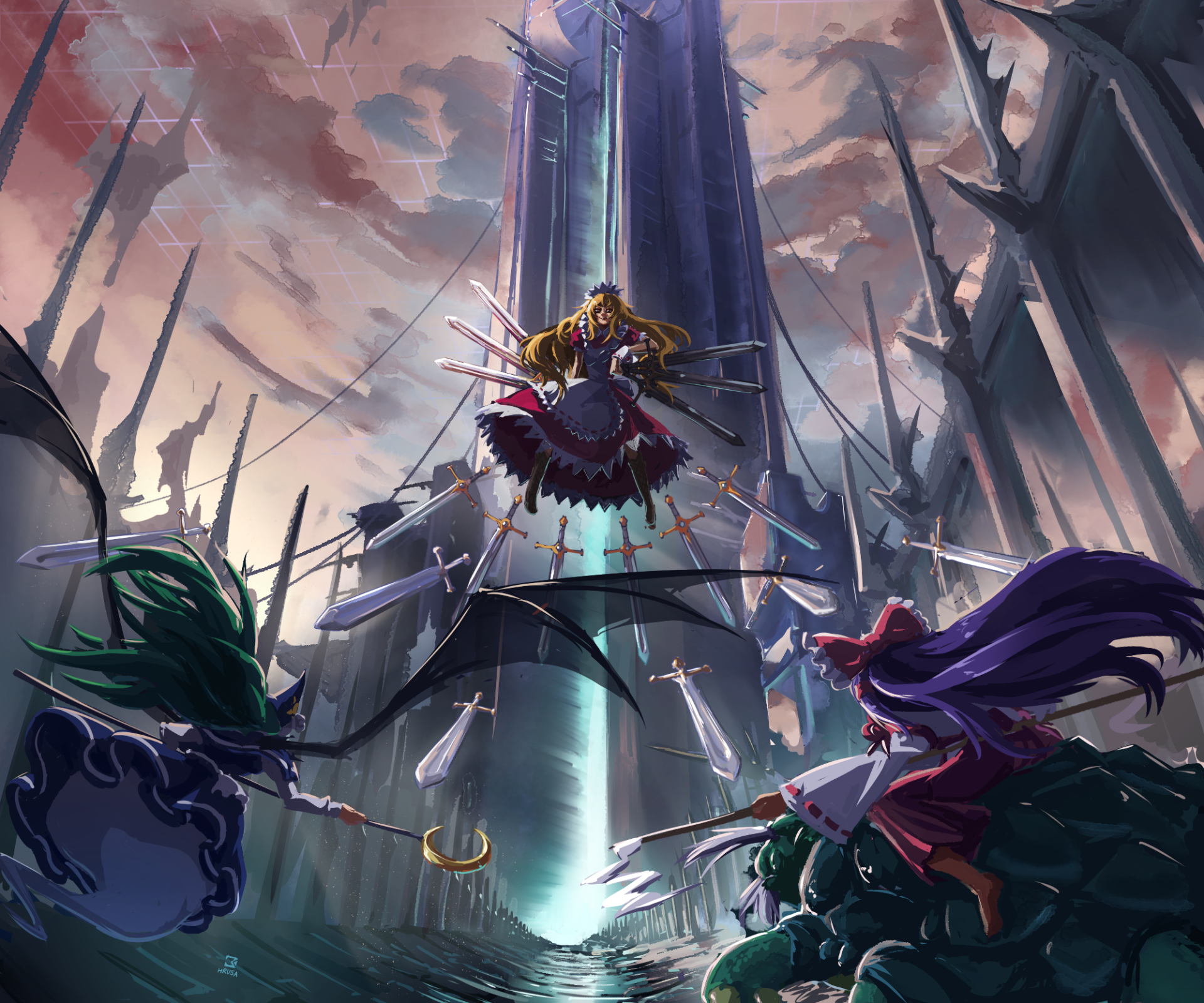 HD Touhou desktop wallpaper: Yumeko floats amid a halo of swords above a shattered battlefield as Reimu Hakurei faces her below, dramatic sky and towering spires behind them.