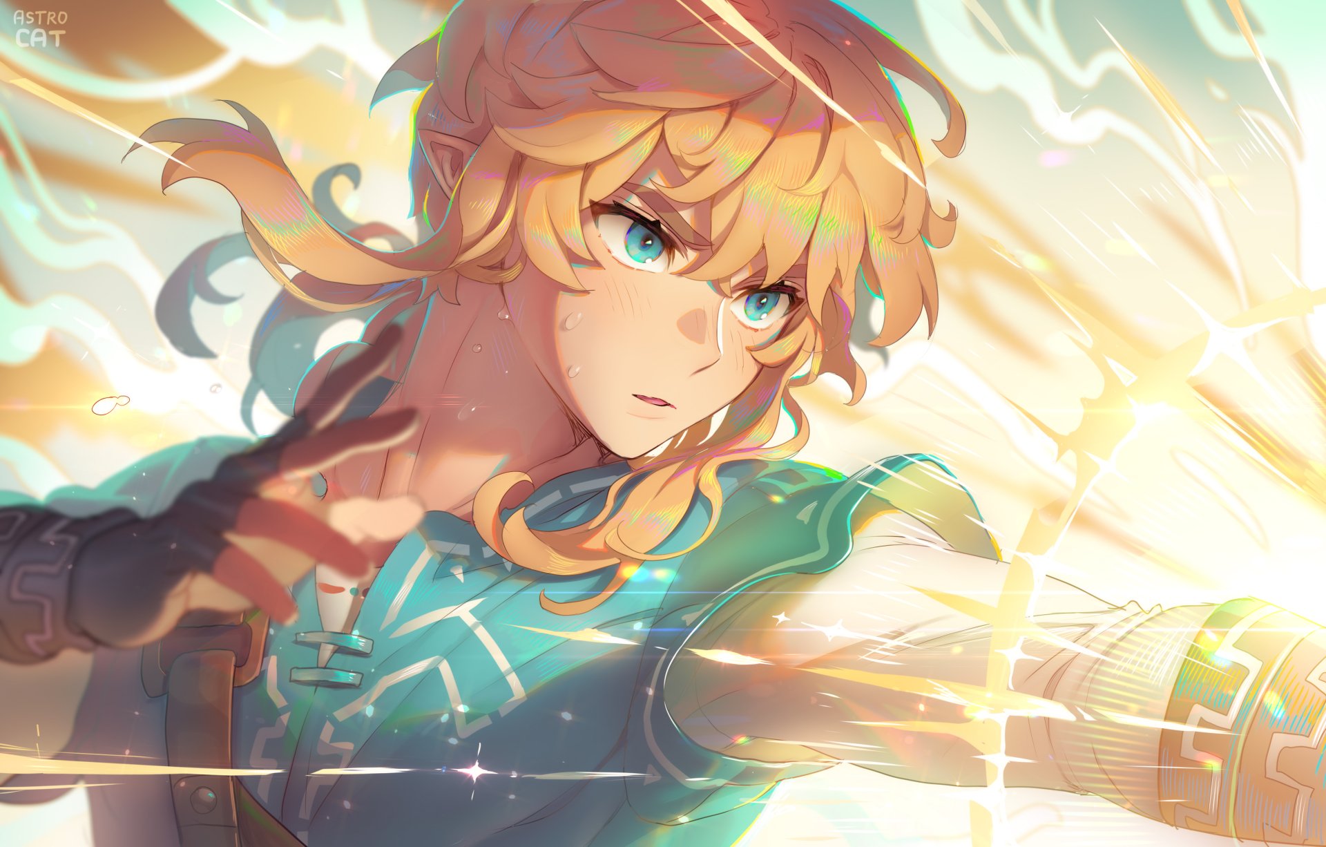 HD PC desktop wallpaper of Link from The Legend of Zelda: Breath of the Wild, depicted with glowing energy and focused expression in vibrant, dynamic art style.