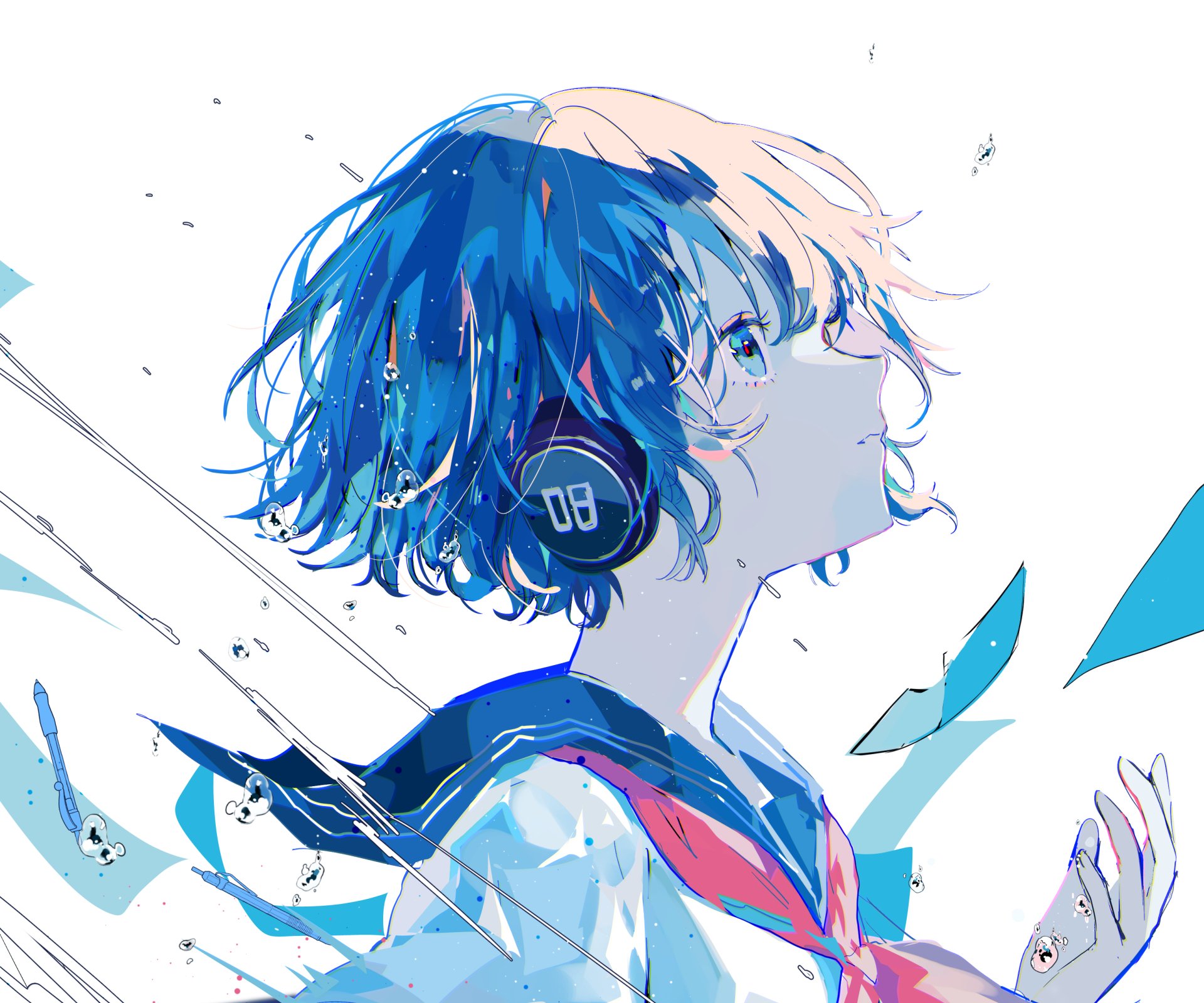 HD anime desktop wallpaper featuring a girl with short blue hair wearing headphones, rendered in vibrant colors and dynamic brush strokes.