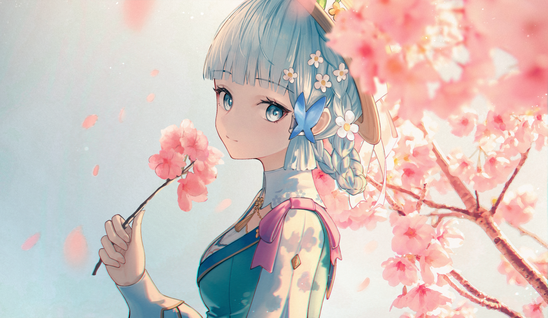 Kamisato Ayaka (Genshin Impact) HD PC desktop wallpaper — Ayaka holds a cherry blossom amid pink blooms, soft pastel sky and serene expression, video game background.