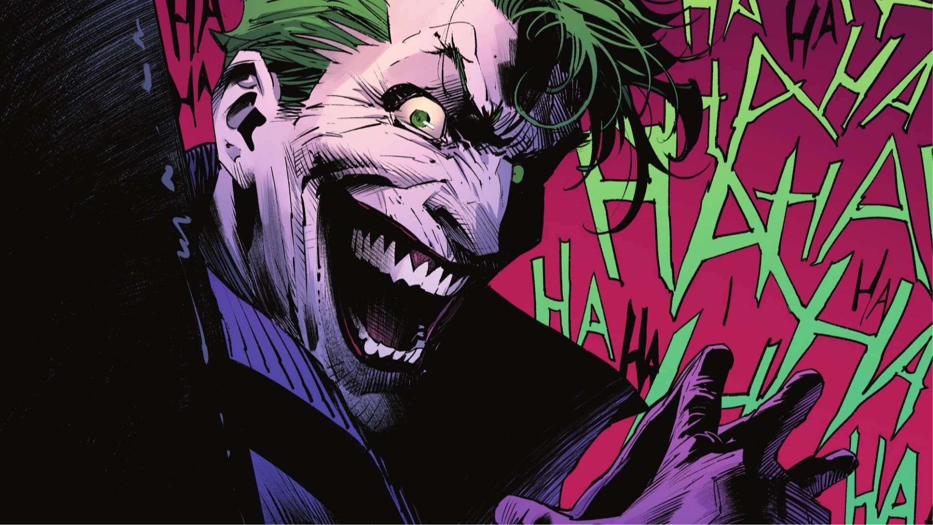 HD PC desktop wallpaper featuring a comic-style Joker with a sinister grin and green hair, set against a vibrant background filled with HA laughter text.