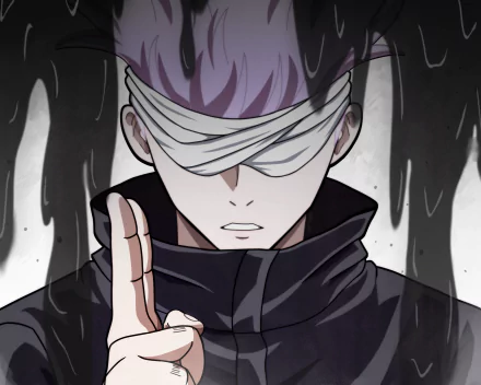 HD PC desktop wallpaper featuring Satoru Gojo from the anime Jujutsu Kaisen, depicted with his signature blindfold and hand gesture against a dark, smoky background.