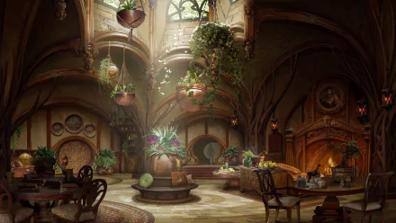 4K Ultra HD Hogwarts Legacy PC wallpaper featuring a cozy, plant-filled Hufflepuff common room with warm lighting and detailed magical decor.