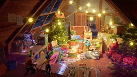 HD PC desktop wallpaper from the video game It Takes Two: two tiny characters explore a cozy, festive attic filled with toys, wrapped presents, string lights and a sleeping cat.