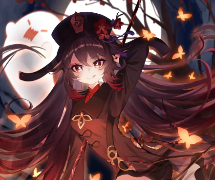 Hu Tao from Genshin Impact in a dynamic pose with glowing butterflies, rendered as a 4K Ultra HD PC desktop wallpaper.