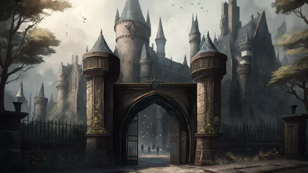 Hogwarts Legacy HD PC wallpaper: Gothic Hogwarts castle with towering spires beyond an arched iron gate, misty grounds and overcast sky — fantasy Harry Potter scene.