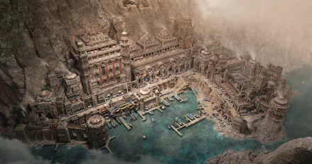 HD fantasy cityscape of an ancient, fortress-like harbor with intricate architecture nestled against rocky cliffs, designed as a detailed PC desktop wallpaper.