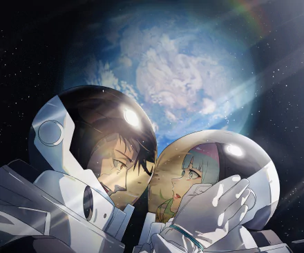 HD PC desktop wallpaper featuring David and Lucy from the anime Cyberpunk: Edgerunners, depicted in space with their helmets touching under a starry sky.