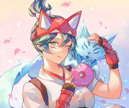 Kiriko from Overwatch 2 (video game) in a colorful anime-style HD PC desktop wallpaper, smiling with her fox companion while holding a pink donut.