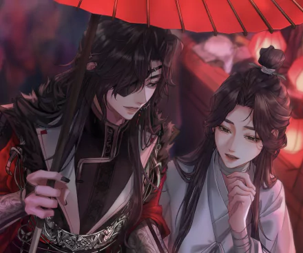 HD anime desktop wallpaper featuring Xie Lian and Hua Cheng from Tian Guan Ci Fu in a detailed, atmospheric scene with warm lighting and rich colors.