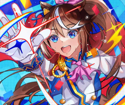 HD anime wallpaper featuring Tokai Teio from Uma Musume: Pretty Derby, showcasing vibrant colors and dynamic energy in a detailed PC background design.