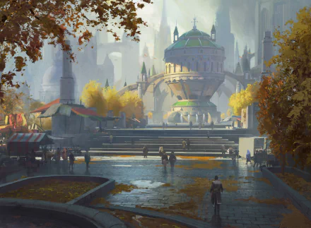 Fantasy cityscape: domed palace, soaring spires and tree-lined plaza with figures by reflective pools — 2K Quad HD PC desktop wallpaper and background.