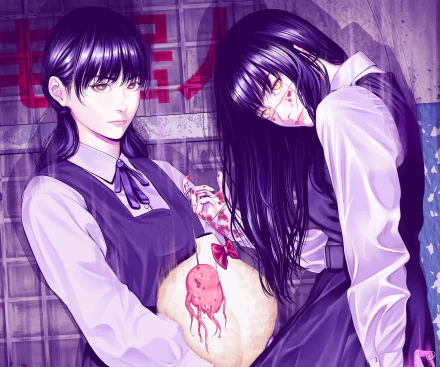 Asa Mitaka from Chainsaw Man anime depicted twice—one composed, one injured with exposed abdomen and a small devil—2K Quad HD PC desktop wallpaper/background