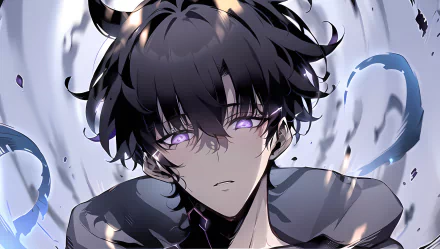 AI art 2K Quad HD desktop wallpaper of Sung Jin-Woo (Solo Leveling): close-up portrait with tousled black hair, glowing purple eyes and swirling shadow energy against a cool-toned backdrop.