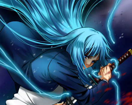 Kasumi Miwa (Jujutsu Kaisen) in a dynamic blue-haired battle pose, gripping a glowing sword — HD anime PC desktop wallpaper background.