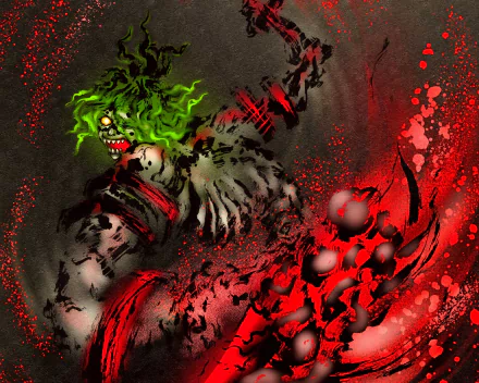Anime HD PC desktop wallpaper of Gyutaro from Demon Slayer: Kimetsu no Yaiba — green‑haired, grinning demon amid crimson splatters and tattered robes.