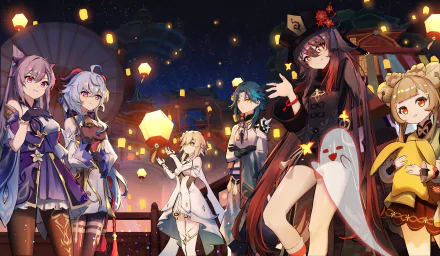 4K Ultra HD wallpaper featuring Keqing, Ganyu, Lumine, Xiao, and Hu Tao from the video game Genshin Impact under glowing lanterns at night.