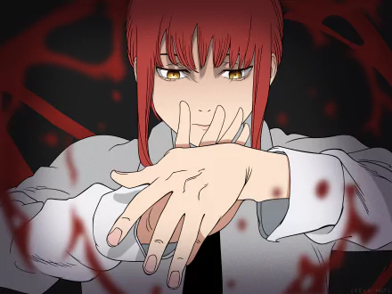 Makima (Chainsaw Man) stares with golden eyes, red hair and outstretched hands against a dark, blood-spattered backdrop — 2K Quad HD anime PC desktop wallpaper.