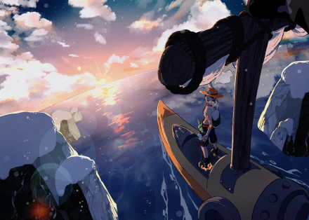 An HD desktop wallpaper featuring Portgas D. Ace from the anime One Piece, standing on a ship's bow, gazing at a vibrant sunset over the ocean.