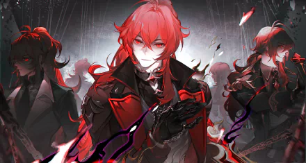 Diluc from Genshin Impact stands confidently in this striking 4K Ultra HD wallpaper, showcasing his iconic red hair and dark attire amidst a dramatic background.