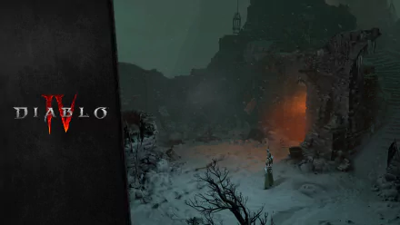 HD desktop wallpaper featuring a snowy scene from Diablo IV, with a glowing portal and ruins under a murky sky.