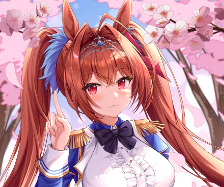 Daiwa Scarlet from Uma Musume: Pretty Derby — anime 2K Quad HD desktop wallpaper showing a red-eyed, twin-tailed racer girl in a blue-white uniform beneath cherry blossoms.