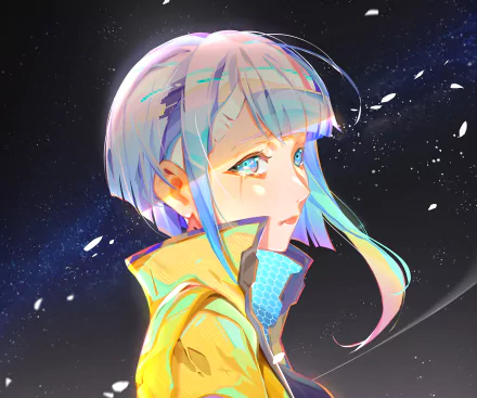 HD anime desktop wallpaper featuring Lucy from Cyberpunk: Edgerunners with vibrant colors and a futuristic, starry background.