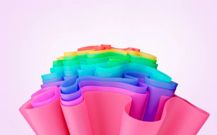 Abstract vibrant rainbow-colored layered shapes on a soft pink background, designed as an 8K Ultra HD PC desktop wallpaper inspired by Windows 11 technology.