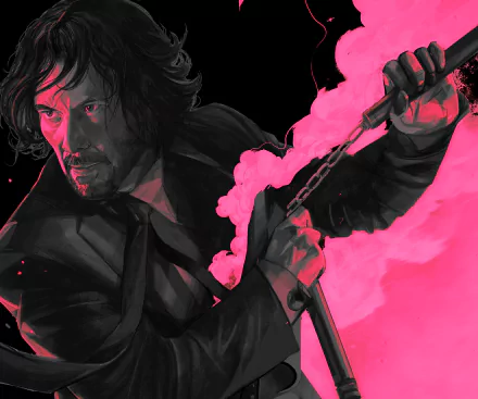 HD PC desktop wallpaper featuring John Wick from the movie John Wick: Chapter 4, depicted in a dramatic pose with vibrant pink smoke in the background.