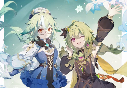 HD PC desktop wallpaper featuring Sucrose and Collei from the video game Genshin Impact, depicted with vibrant colors and dynamic poses.