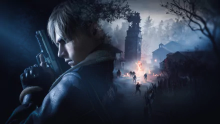 A captivating 8K Ultra HD wallpaper from Resident Evil 4 (2023), featuring a silhouetted character wielding a gun amidst a dark, eerie landscape filled with ominous figures.
