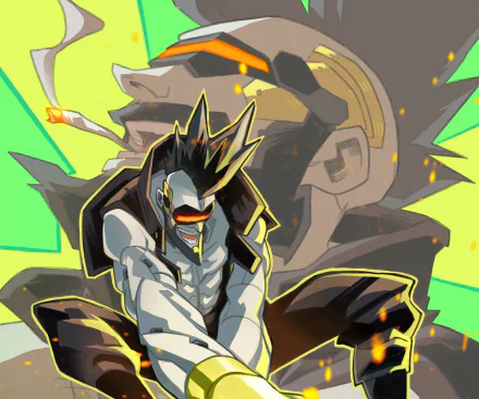 Anime, Cyberpunk: Edgerunners HD PC desktop wallpaper — neon portrait of a spiky‑haired masked fighter crouching, a larger shadowed profile looming behind them.