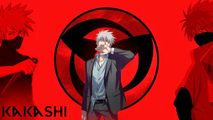 HD PC desktop wallpaper featuring Kakashi Hatake from the anime Naruto, with a bold red background and Sharingan symbol.