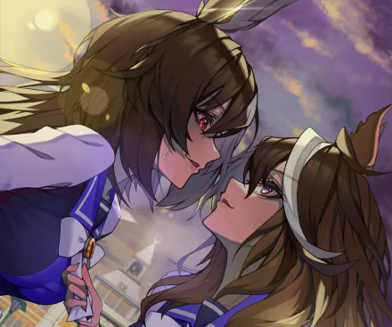 HD desktop wallpaper of Symboli Rudolf and Sirius Symboli from Uma Musume: Pretty Derby—two horse-girl anime characters locking intense gazes beneath a dramatic twilight sky.