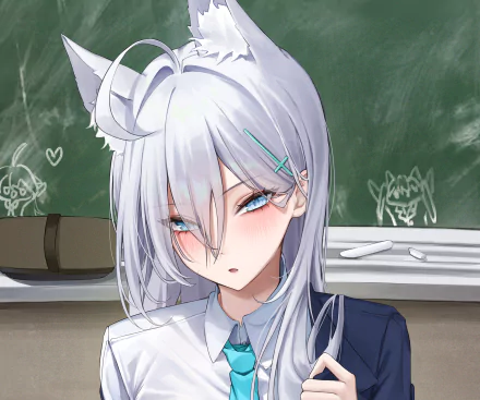 HD PC desktop wallpaper/background of Shiroko Sunaookami from the video game Blue Archive: silver-haired, fox-eared girl in school uniform blushing in front of a chalkboard with doodles.