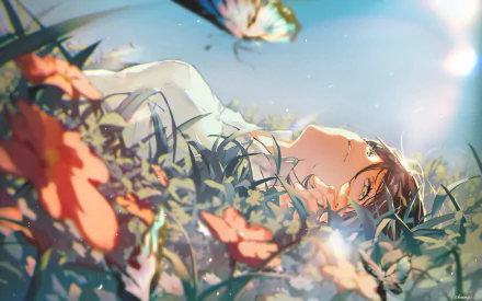 HD wallpaper featuring an anime girl lying in a field of flowers with a butterfly nearby, creating a serene and dreamy atmosphere.