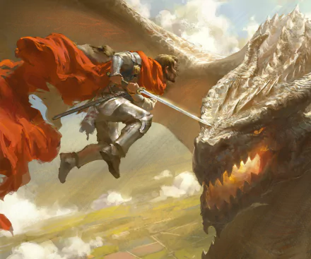 Fantasy HD PC desktop wallpaper/background: armored knight in a red cape lunges with a glowing sword toward a massive, snarling dragon under stormy skies.