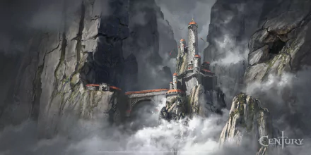 HD PC desktop wallpaper from the video game Century: Age of Ashes, featuring a towering castle nestled among misty, jagged cliffs under a cloudy sky.